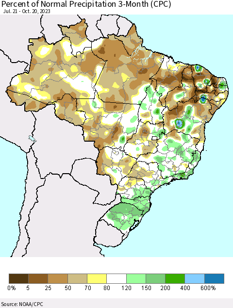 Brazil Percent of Normal Precipitation 3-Month (CPC) Thematic Map For 7/21/2023 - 10/20/2023