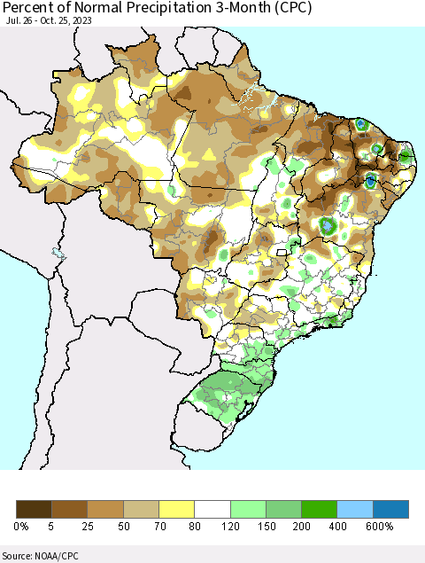 Brazil Percent of Normal Precipitation 3-Month (CPC) Thematic Map For 7/26/2023 - 10/25/2023