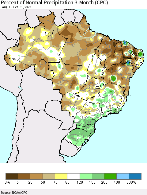 Brazil Percent of Normal Precipitation 3-Month (CPC) Thematic Map For 8/1/2023 - 10/31/2023