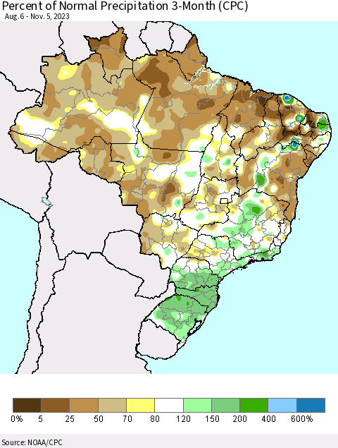 Brazil Percent of Normal Precipitation 3-Month (CPC) Thematic Map For 8/6/2023 - 11/5/2023