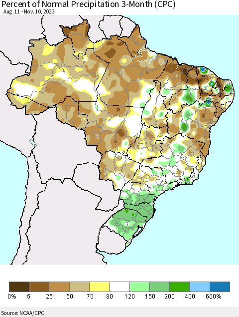 Brazil Percent of Normal Precipitation 3-Month (CPC) Thematic Map For 8/11/2023 - 11/10/2023