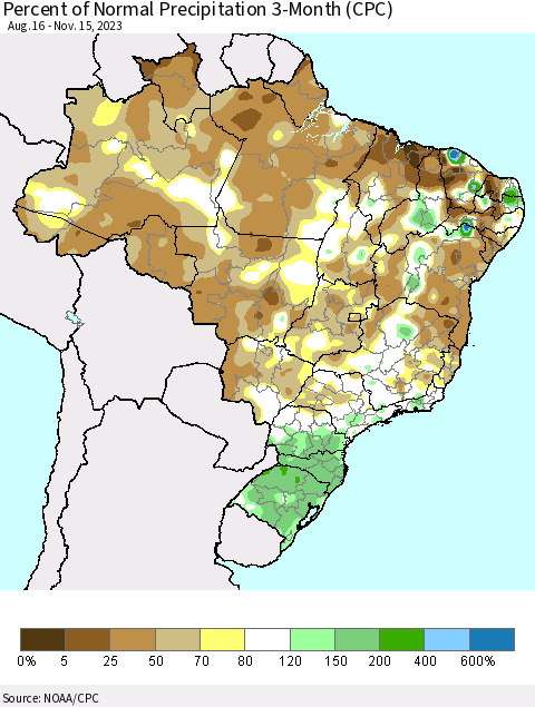 Brazil Percent of Normal Precipitation 3-Month (CPC) Thematic Map For 8/16/2023 - 11/15/2023