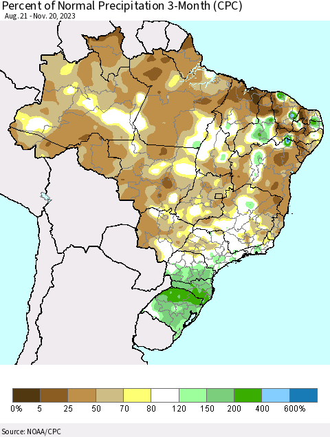 Brazil Percent of Normal Precipitation 3-Month (CPC) Thematic Map For 8/21/2023 - 11/20/2023