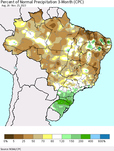 Brazil Percent of Normal Precipitation 3-Month (CPC) Thematic Map For 8/26/2023 - 11/25/2023