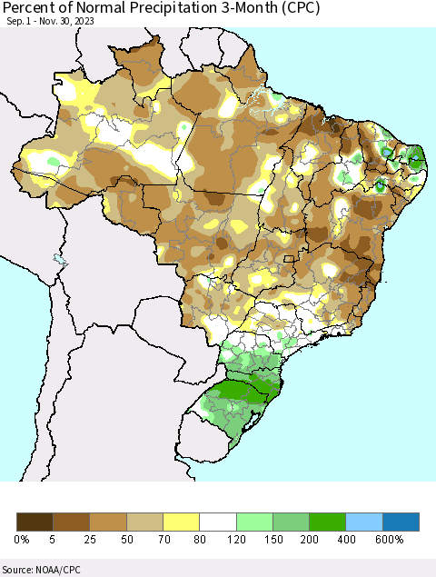 Brazil Percent of Normal Precipitation 3-Month (CPC) Thematic Map For 9/1/2023 - 11/30/2023