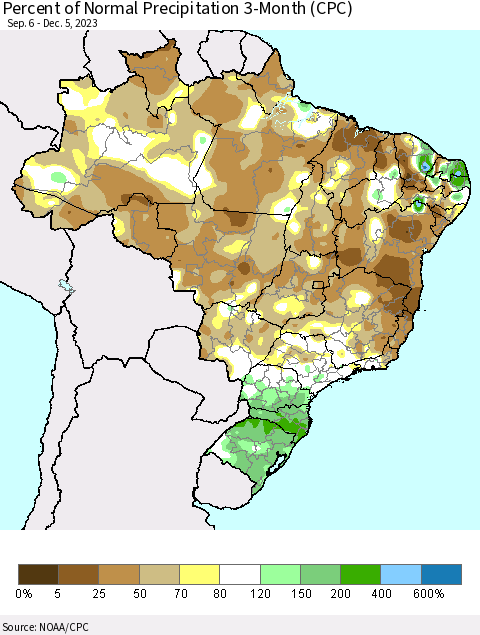 Brazil Percent of Normal Precipitation 3-Month (CPC) Thematic Map For 9/6/2023 - 12/5/2023