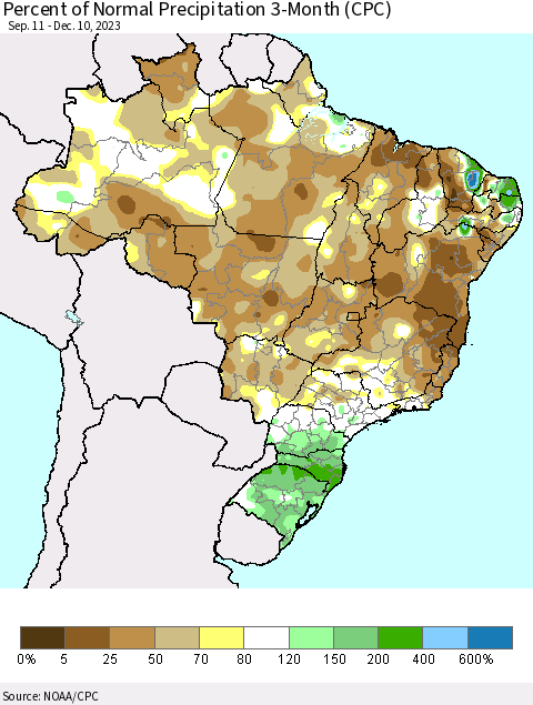 Brazil Percent of Normal Precipitation 3-Month (CPC) Thematic Map For 9/11/2023 - 12/10/2023
