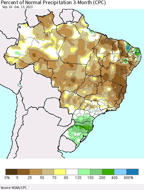 Brazil Percent of Normal Precipitation 3-Month (CPC) Thematic Map For 9/16/2023 - 12/15/2023