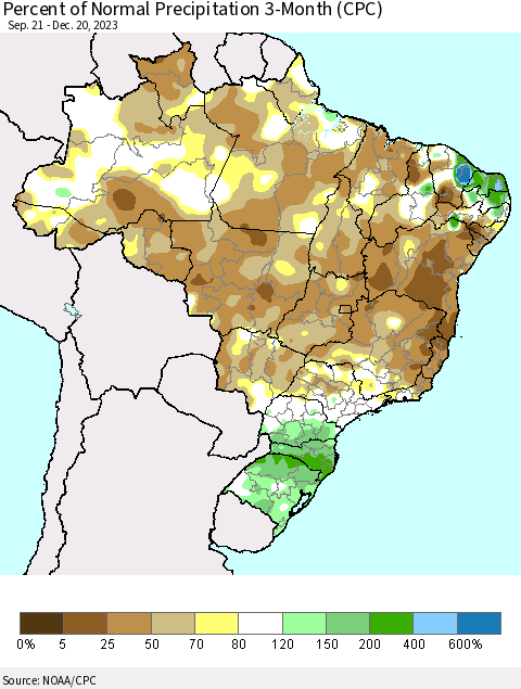 Brazil Percent of Normal Precipitation 3-Month (CPC) Thematic Map For 9/21/2023 - 12/20/2023