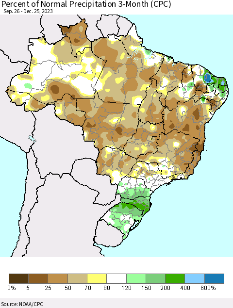 Brazil Percent of Normal Precipitation 3-Month (CPC) Thematic Map For 9/26/2023 - 12/25/2023
