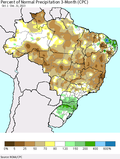 Brazil Percent of Normal Precipitation 3-Month (CPC) Thematic Map For 10/1/2023 - 12/31/2023