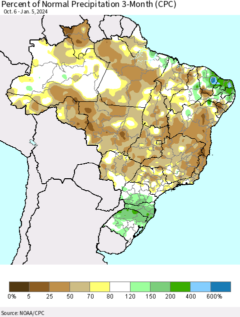Brazil Percent of Normal Precipitation 3-Month (CPC) Thematic Map For 10/6/2023 - 1/5/2024
