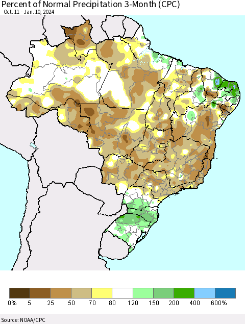 Brazil Percent of Normal Precipitation 3-Month (CPC) Thematic Map For 10/11/2023 - 1/10/2024