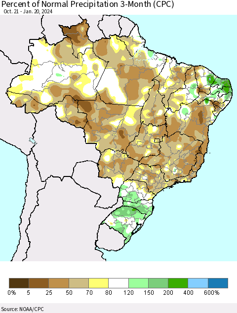 Brazil Percent of Normal Precipitation 3-Month (CPC) Thematic Map For 10/21/2023 - 1/20/2024