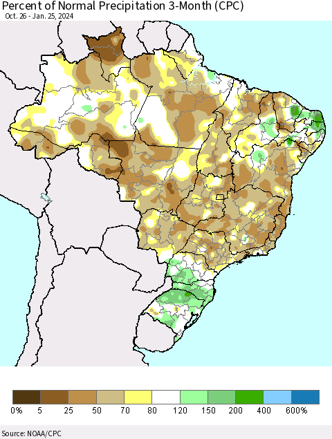 Brazil Percent of Normal Precipitation 3-Month (CPC) Thematic Map For 10/26/2023 - 1/25/2024