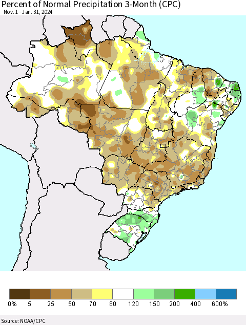 Brazil Percent of Normal Precipitation 3-Month (CPC) Thematic Map For 11/1/2023 - 1/31/2024