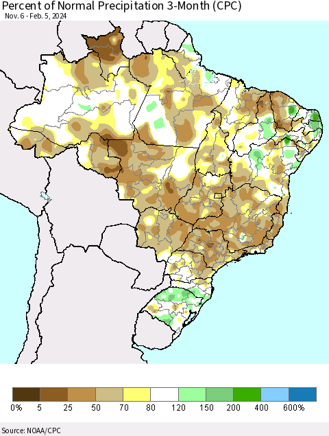 Brazil Percent of Normal Precipitation 3-Month (CPC) Thematic Map For 11/6/2023 - 2/5/2024
