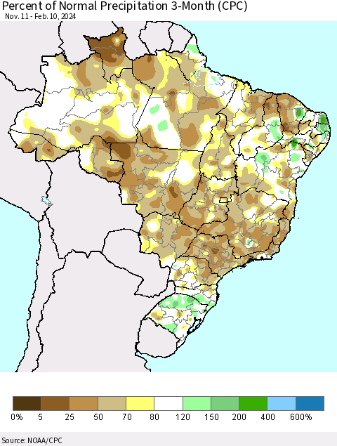 Brazil Percent of Normal Precipitation 3-Month (CPC) Thematic Map For 11/11/2023 - 2/10/2024