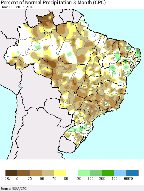 Brazil Percent of Normal Precipitation 3-Month (CPC) Thematic Map For 11/16/2023 - 2/15/2024
