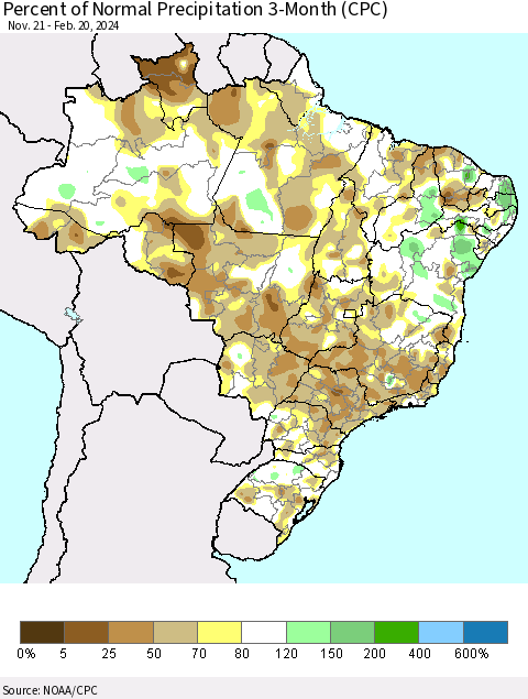 Brazil Percent of Normal Precipitation 3-Month (CPC) Thematic Map For 11/21/2023 - 2/20/2024