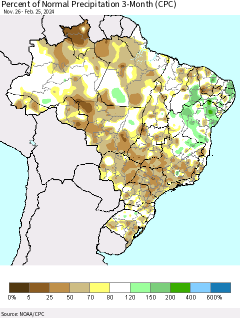 Brazil Percent of Normal Precipitation 3-Month (CPC) Thematic Map For 11/26/2023 - 2/25/2024