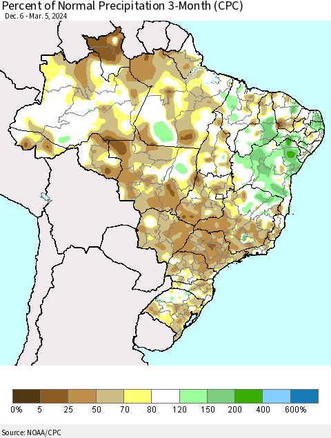 Brazil Percent of Normal Precipitation 3-Month (CPC) Thematic Map For 12/6/2023 - 3/5/2024