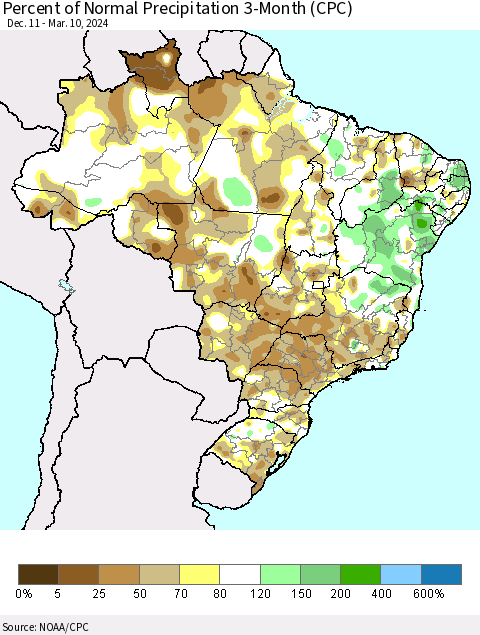 Brazil Percent of Normal Precipitation 3-Month (CPC) Thematic Map For 12/11/2023 - 3/10/2024