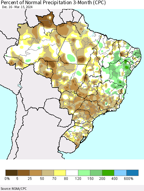 Brazil Percent of Normal Precipitation 3-Month (CPC) Thematic Map For 12/16/2023 - 3/15/2024