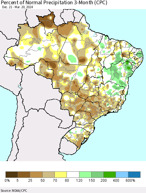 Brazil Percent of Normal Precipitation 3-Month (CPC) Thematic Map For 12/21/2023 - 3/20/2024