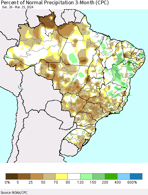 Brazil Percent of Normal Precipitation 3-Month (CPC) Thematic Map For 12/26/2023 - 3/25/2024