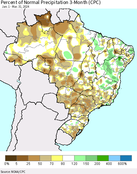 Brazil Percent of Normal Precipitation 3-Month (CPC) Thematic Map For 1/1/2024 - 3/31/2024