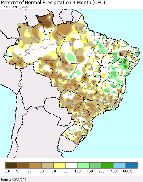 Brazil Percent of Normal Precipitation 3-Month (CPC) Thematic Map For 1/6/2024 - 4/5/2024