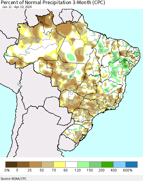 Brazil Percent of Normal Precipitation 3-Month (CPC) Thematic Map For 1/11/2024 - 4/10/2024