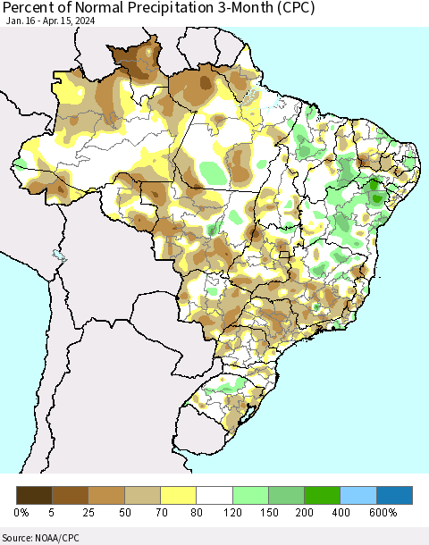 Brazil Percent of Normal Precipitation 3-Month (CPC) Thematic Map For 1/16/2024 - 4/15/2024