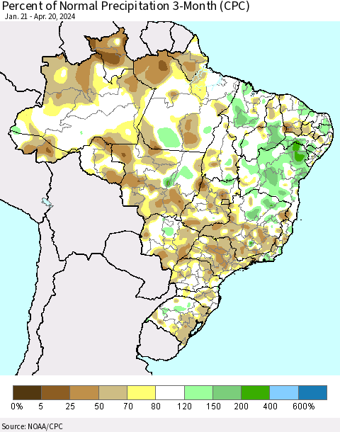 Brazil Percent of Normal Precipitation 3-Month (CPC) Thematic Map For 1/21/2024 - 4/20/2024