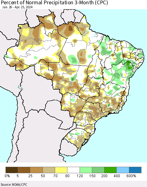 Brazil Percent of Normal Precipitation 3-Month (CPC) Thematic Map For 1/26/2024 - 4/25/2024