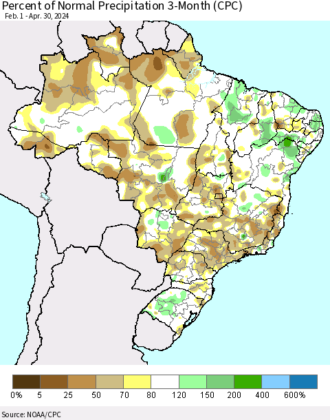 Brazil Percent of Normal Precipitation 3-Month (CPC) Thematic Map For 2/1/2024 - 4/30/2024