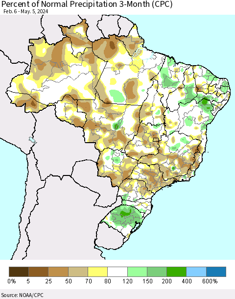 Brazil Percent of Normal Precipitation 3-Month (CPC) Thematic Map For 2/6/2024 - 5/5/2024
