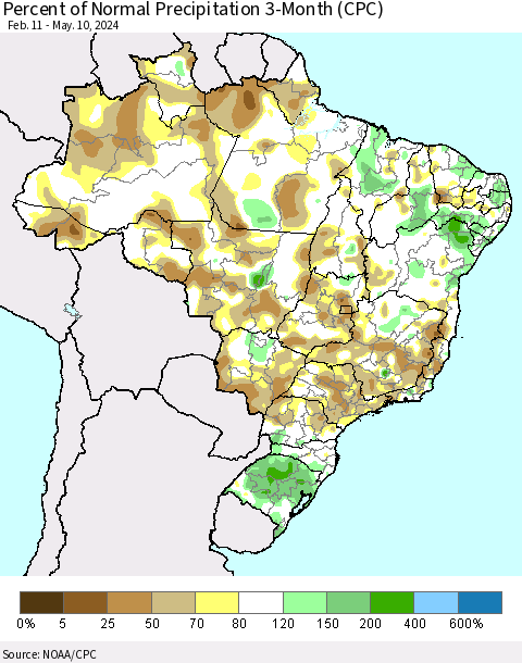 Brazil Percent of Normal Precipitation 3-Month (CPC) Thematic Map For 2/11/2024 - 5/10/2024