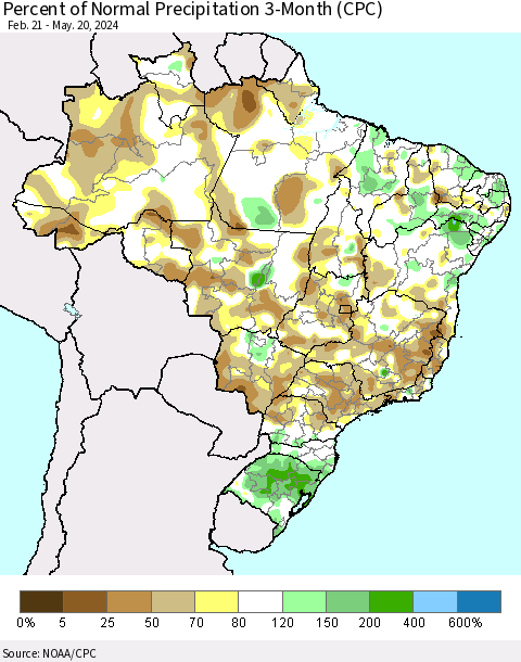 Brazil Percent of Normal Precipitation 3-Month (CPC) Thematic Map For 2/21/2024 - 5/20/2024