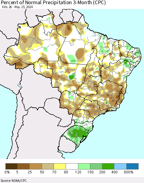 Brazil Percent of Normal Precipitation 3-Month (CPC) Thematic Map For 2/26/2024 - 5/25/2024