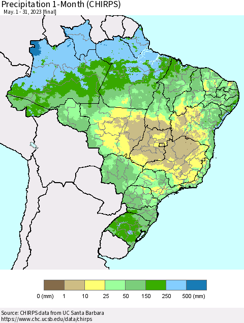 Brazil Precipitation 1-Month (CHIRPS) Thematic Map For 5/1/2023 - 5/31/2023