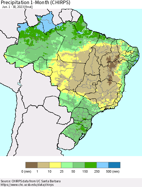 Brazil Precipitation 1-Month (CHIRPS) Thematic Map For 6/1/2023 - 6/30/2023