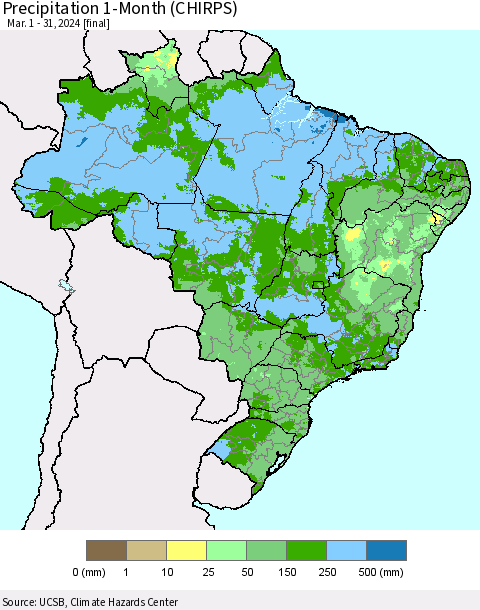Brazil Precipitation 1-Month (CHIRPS) Thematic Map For 3/1/2024 - 3/31/2024
