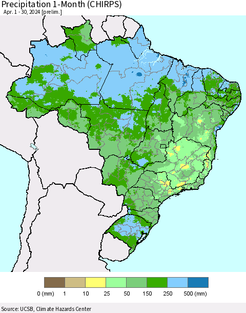 Brazil Precipitation 1-Month (CHIRPS) Thematic Map For 4/1/2024 - 4/30/2024