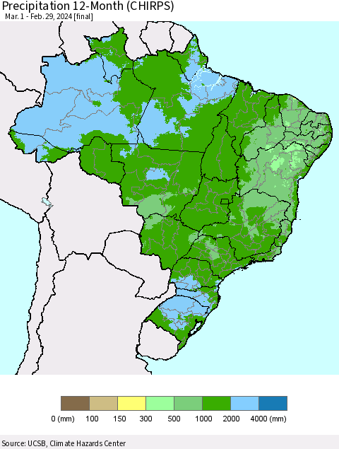 Brazil Precipitation 12-Month (CHIRPS) Thematic Map For 3/1/2023 - 2/29/2024