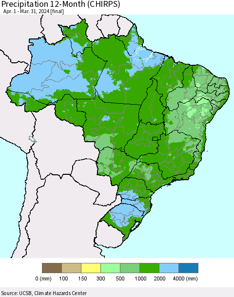 Brazil Precipitation 12-Month (CHIRPS) Thematic Map For 4/1/2023 - 3/31/2024