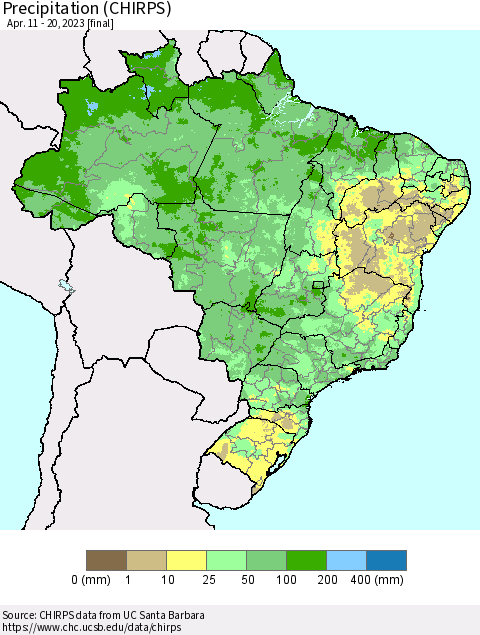 Brazil Precipitation (CHIRPS) Thematic Map For 4/11/2023 - 4/20/2023