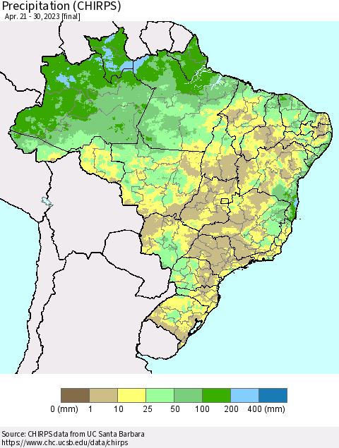 Brazil Precipitation (CHIRPS) Thematic Map For 4/21/2023 - 4/30/2023