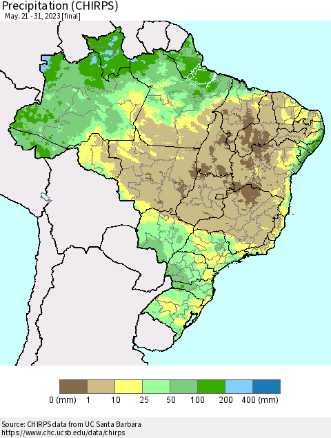 Brazil Precipitation (CHIRPS) Thematic Map For 5/21/2023 - 5/31/2023